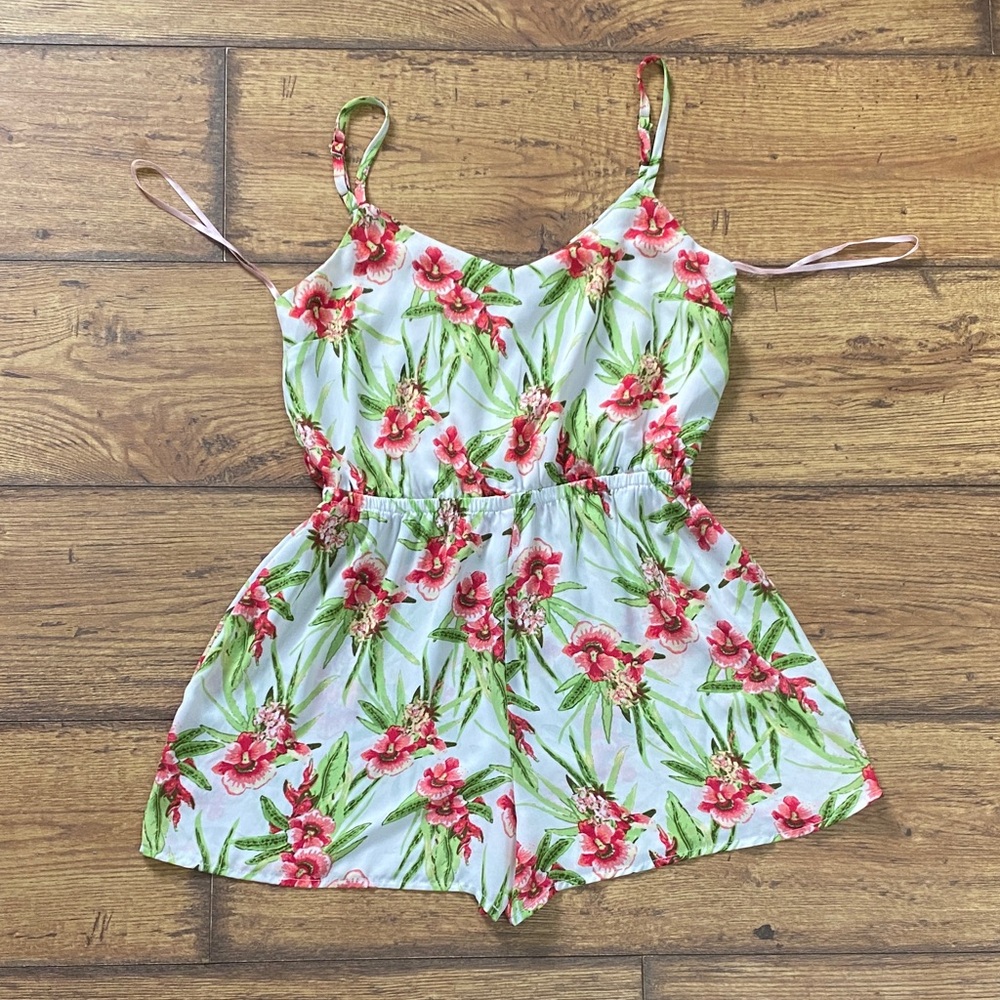 Forever 21 Tropical Floral Romper - Green and Pink
